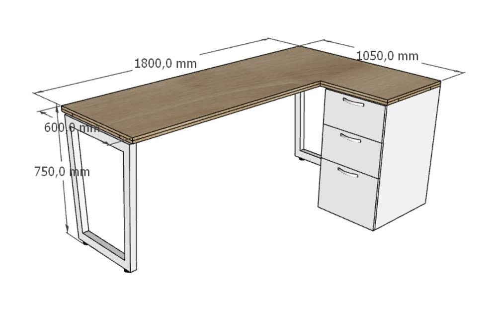 El mismo escritorio en L con sus medidas: 1800 por 1050 mm, 600 de fondo y 750 de alto