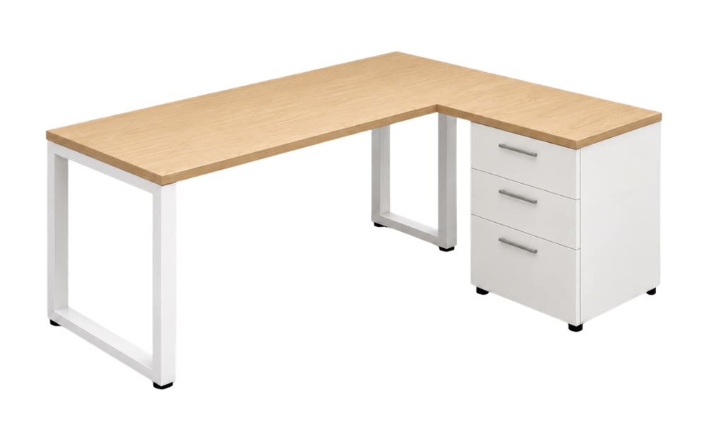 Diseño 3D de un escritorio en L con cajonera blanca y patas metálicas