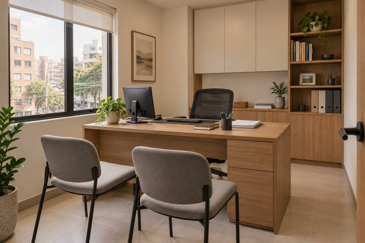 Oficina con escritorio, archivo y biblioteca en madera