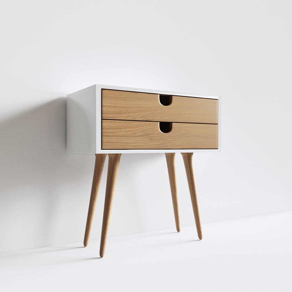 Mesa de noche JaimDecor con cajones de veta de madera y cuerpo blanco